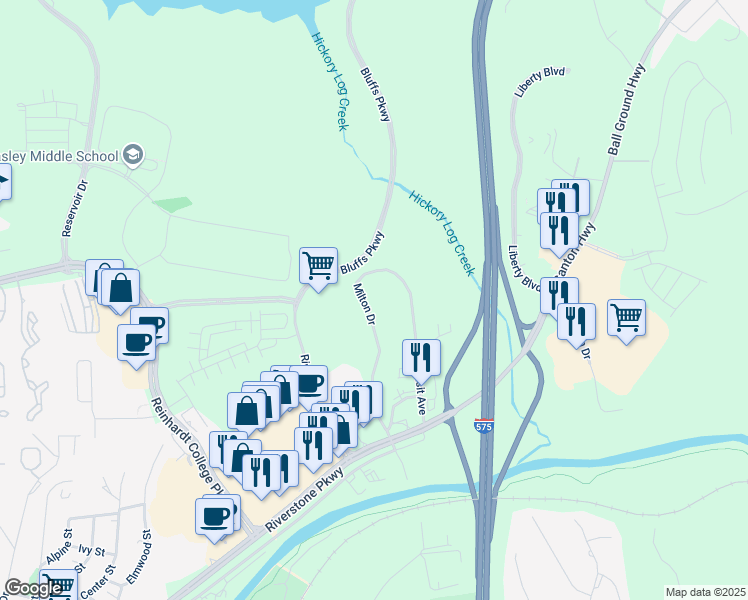 map of restaurants, bars, coffee shops, grocery stores, and more near 445 Milton Drive in Canton