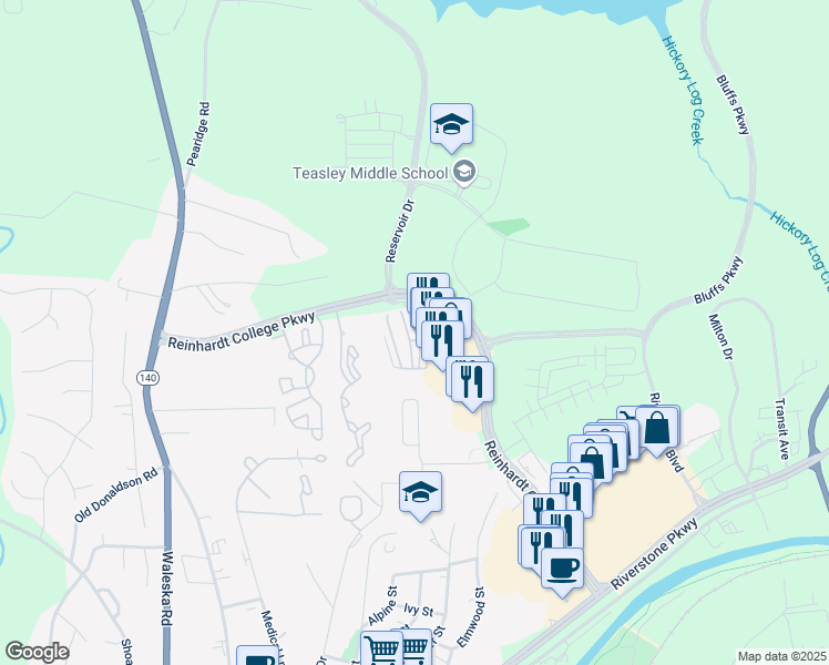 map of restaurants, bars, coffee shops, grocery stores, and more near 134 Riverstone Commons Circle in Canton