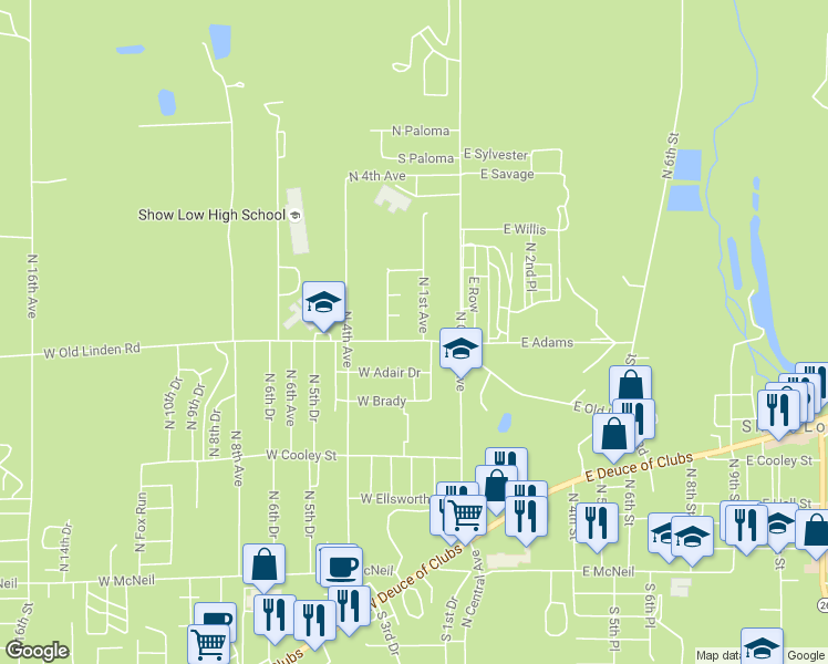 map of restaurants, bars, coffee shops, grocery stores, and more near 800 North 1st Avenue in Show Low