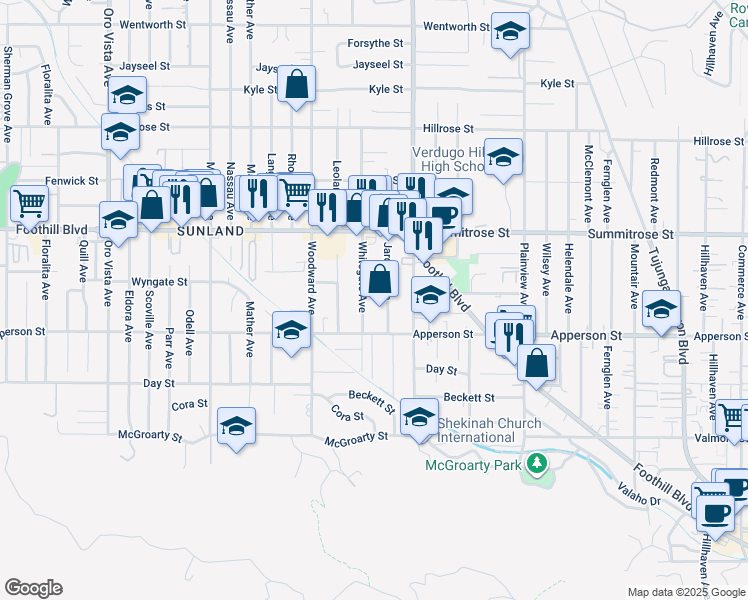 map of restaurants, bars, coffee shops, grocery stores, and more near 10343 Jardine Avenue in Los Angeles