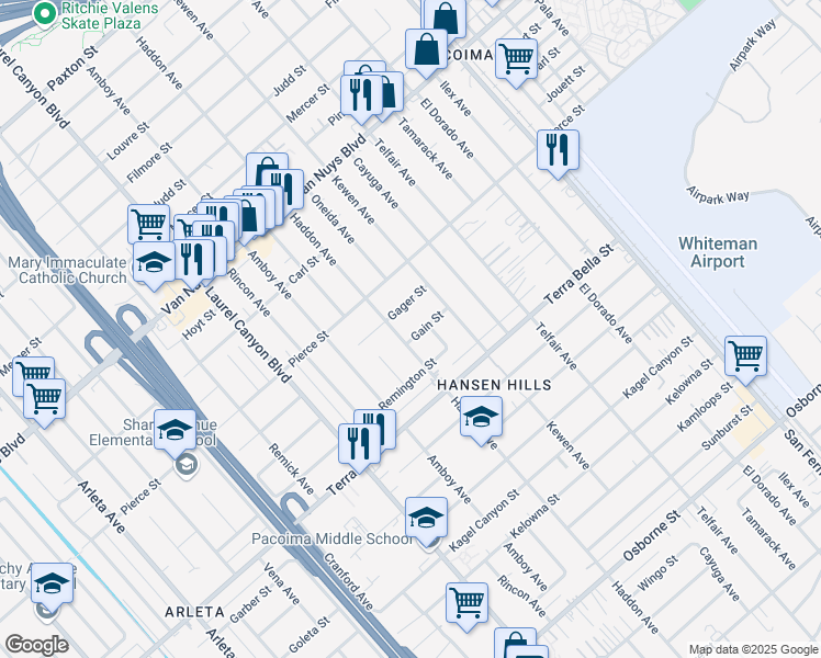 map of restaurants, bars, coffee shops, grocery stores, and more near 13347 Gain Street in Los Angeles