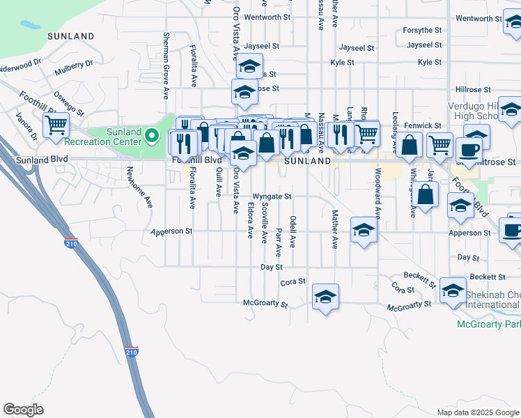 map of restaurants, bars, coffee shops, grocery stores, and more near 10339 Scoville Avenue in Los Angeles