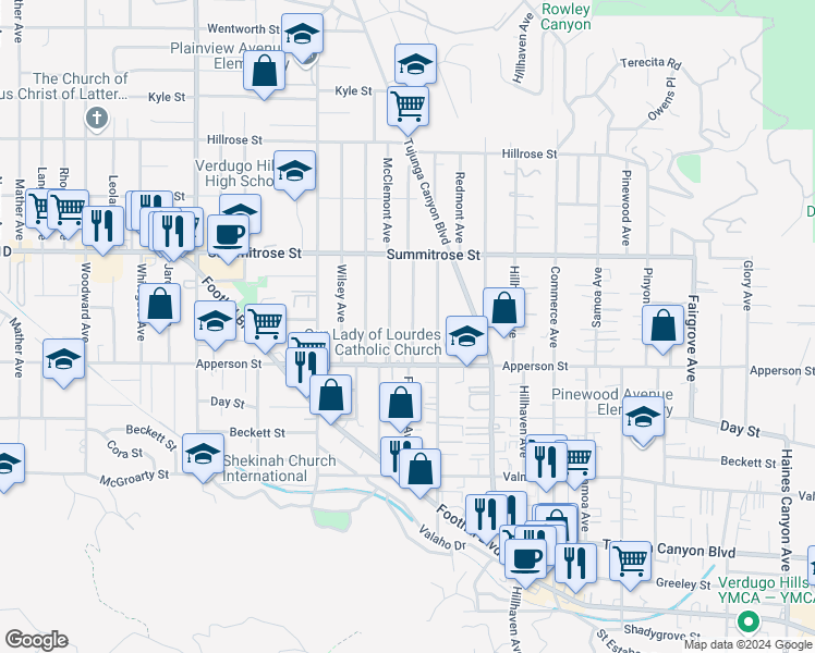 map of restaurants, bars, coffee shops, grocery stores, and more near 10343 Fernglen Avenue in Los Angeles