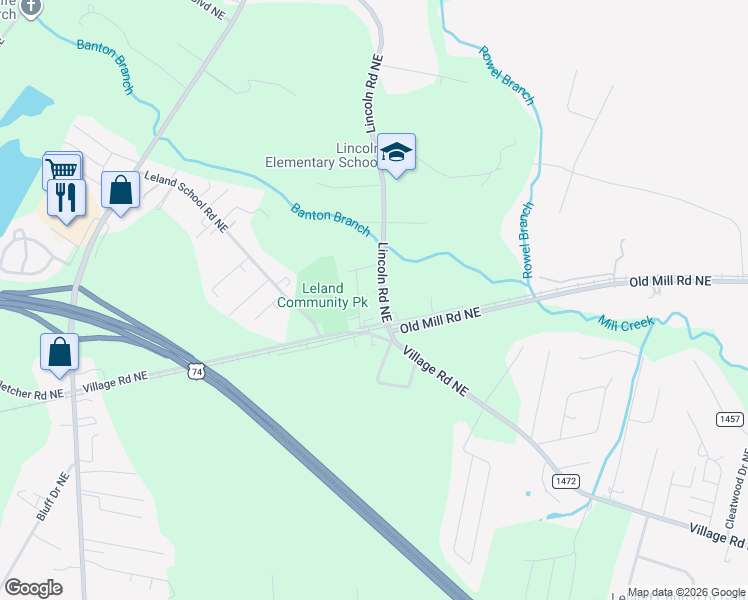 map of restaurants, bars, coffee shops, grocery stores, and more near 1531 Raynor Street Northeast in Leland