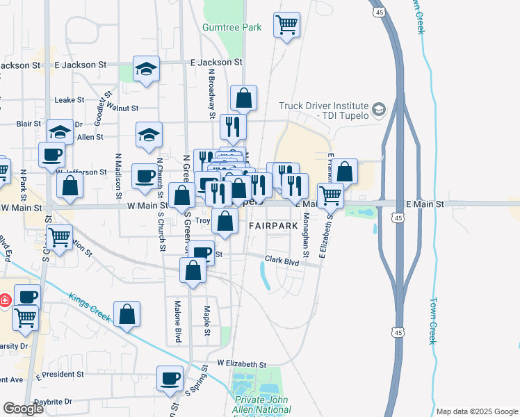 map of restaurants, bars, coffee shops, grocery stores, and more near 108 East Main Street in Tupelo