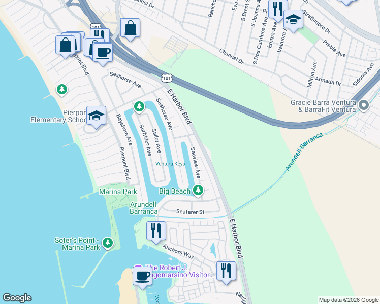 map of restaurants, bars, coffee shops, grocery stores, and more near 2957 Seaview Avenue in Ventura