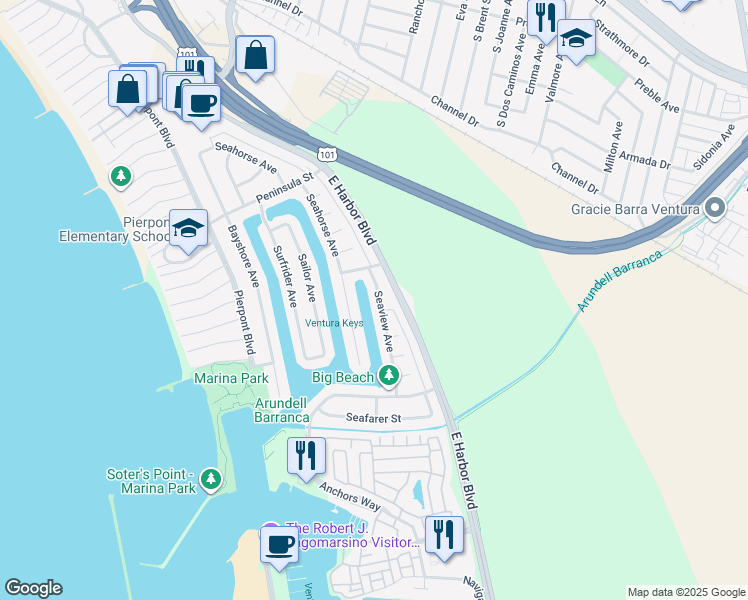 map of restaurants, bars, coffee shops, grocery stores, and more near 2957 Seaview Avenue in Ventura