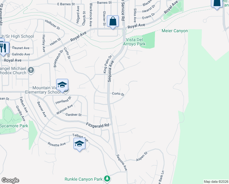 map of restaurants, bars, coffee shops, grocery stores, and more near 1004 Poplar Court in Simi Valley