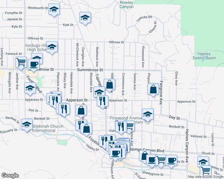 map of restaurants, bars, coffee shops, grocery stores, and more near 10347 Hillhaven Avenue in Los Angeles