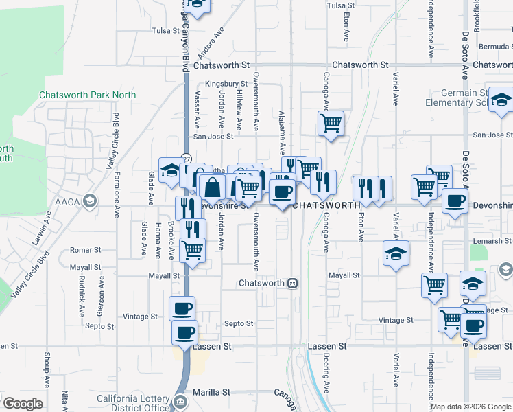 map of restaurants, bars, coffee shops, grocery stores, and more near Devonshire St & Owensmouth Ave in Los Angeles