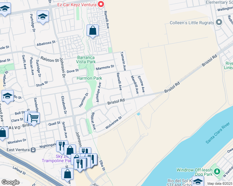 map of restaurants, bars, coffee shops, grocery stores, and more near 7266 Kodiak Street in Ventura