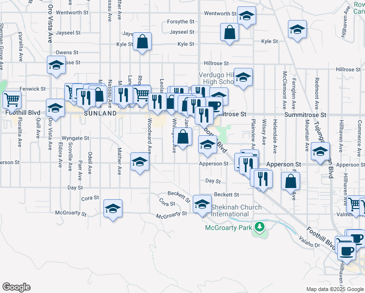 map of restaurants, bars, coffee shops, grocery stores, and more near 10345 Jardine Avenue in Los Angeles
