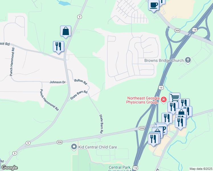 map of restaurants, bars, coffee shops, grocery stores, and more near 2561 State Barn Road in Cumming