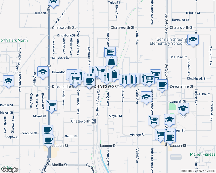 map of restaurants, bars, coffee shops, grocery stores, and more near 20652 Lassen Street in Los Angeles