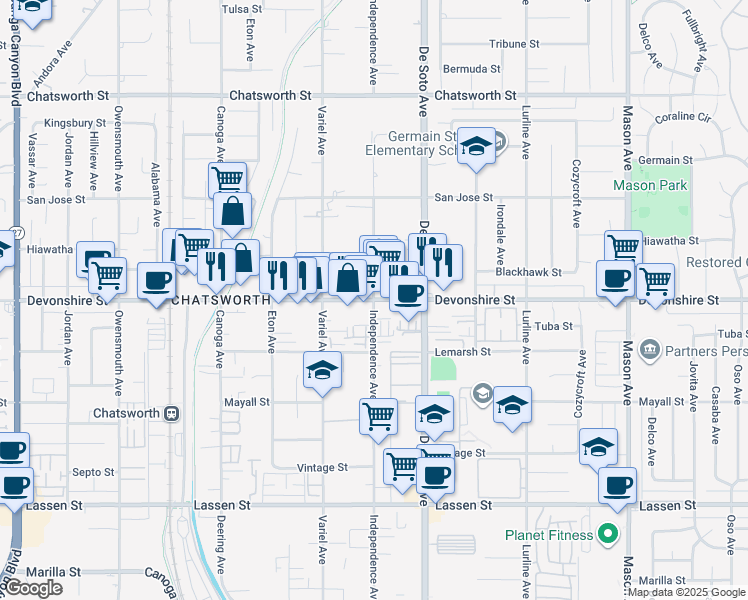map of restaurants, bars, coffee shops, grocery stores, and more near Devonshire Street & Independence Avenue in Los Angeles