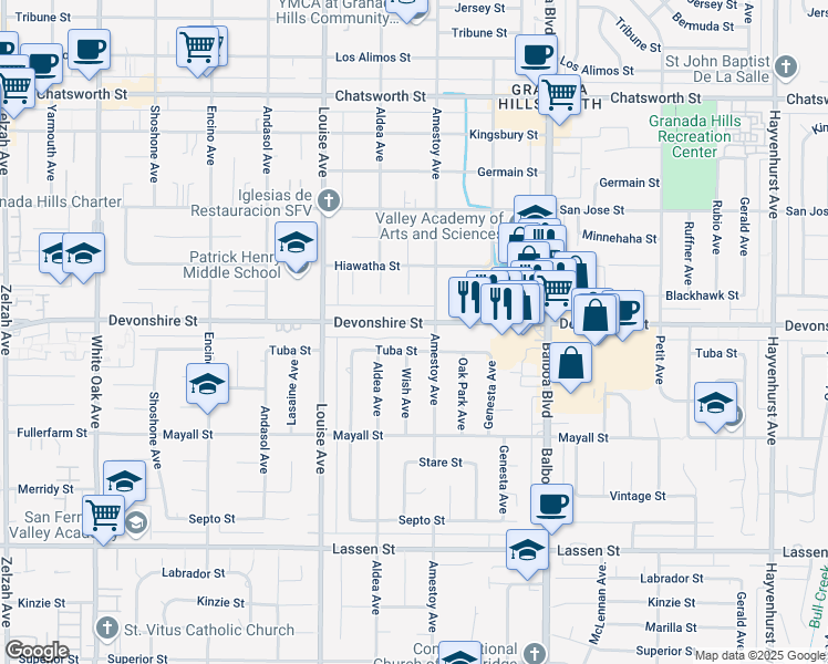 map of restaurants, bars, coffee shops, grocery stores, and more near 17159 Tuba Street in Los Angeles
