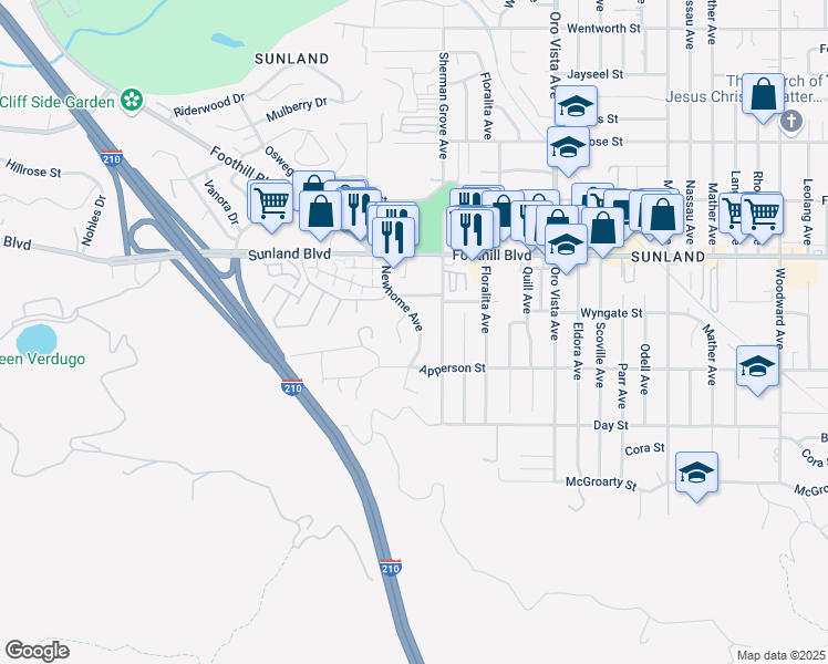 map of restaurants, bars, coffee shops, grocery stores, and more near 10347 Newhome Avenue in Los Angeles