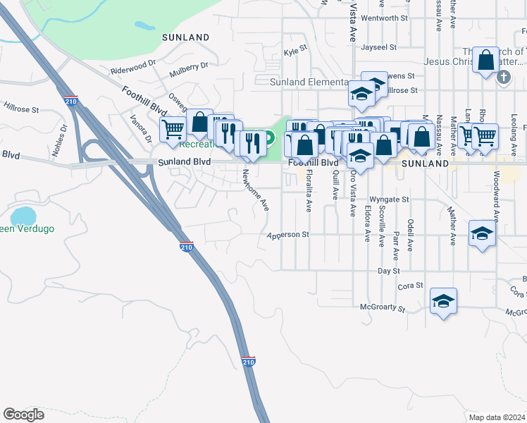 map of restaurants, bars, coffee shops, grocery stores, and more near 10347 Newhome Avenue in Los Angeles