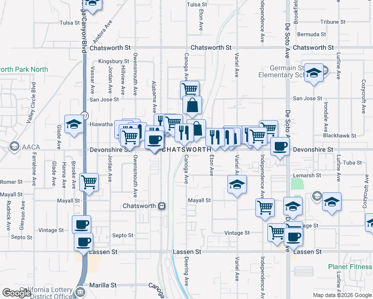map of restaurants, bars, coffee shops, grocery stores, and more near Devonshire St & Canoga Ave in Los Angeles