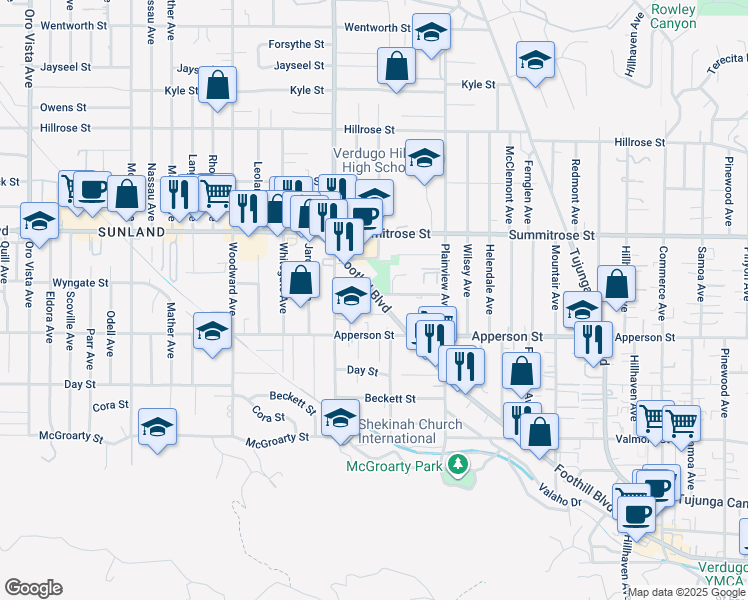 map of restaurants, bars, coffee shops, grocery stores, and more near 7732 Wyngate Street in Los Angeles