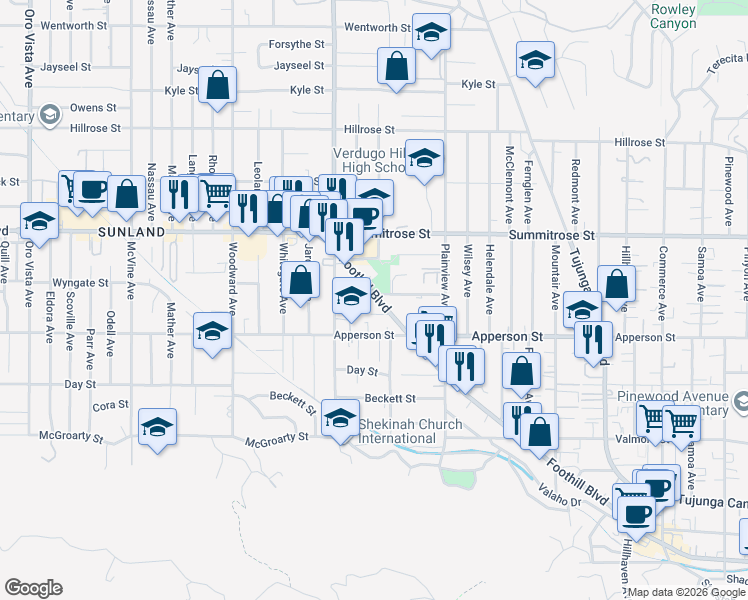 map of restaurants, bars, coffee shops, grocery stores, and more near 7732 Wyngate Street in Los Angeles