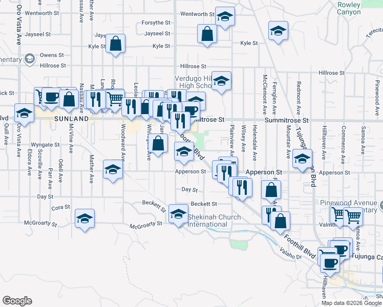 map of restaurants, bars, coffee shops, grocery stores, and more near 7732 Wyngate Street in Los Angeles