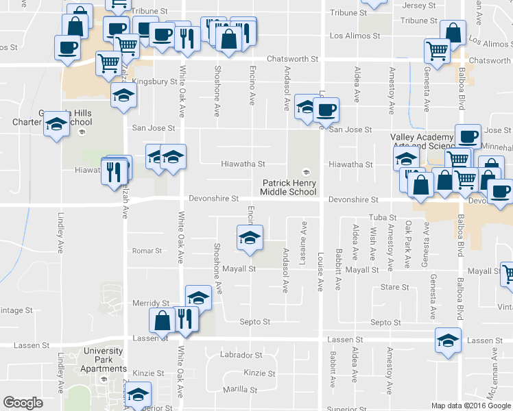 map of restaurants, bars, coffee shops, grocery stores, and more near 17450 Devonshire Street in Los Angeles