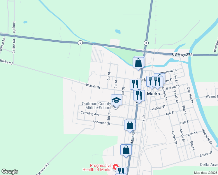 map of restaurants, bars, coffee shops, grocery stores, and more near 600 West Main Street in Marks