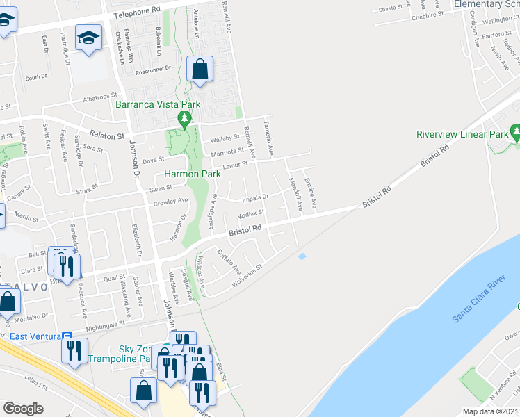 map of restaurants, bars, coffee shops, grocery stores, and more near 7293 Kodiak Street in Ventura