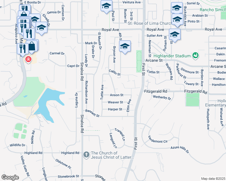 map of restaurants, bars, coffee shops, grocery stores, and more near 707 Anson Street in Simi Valley