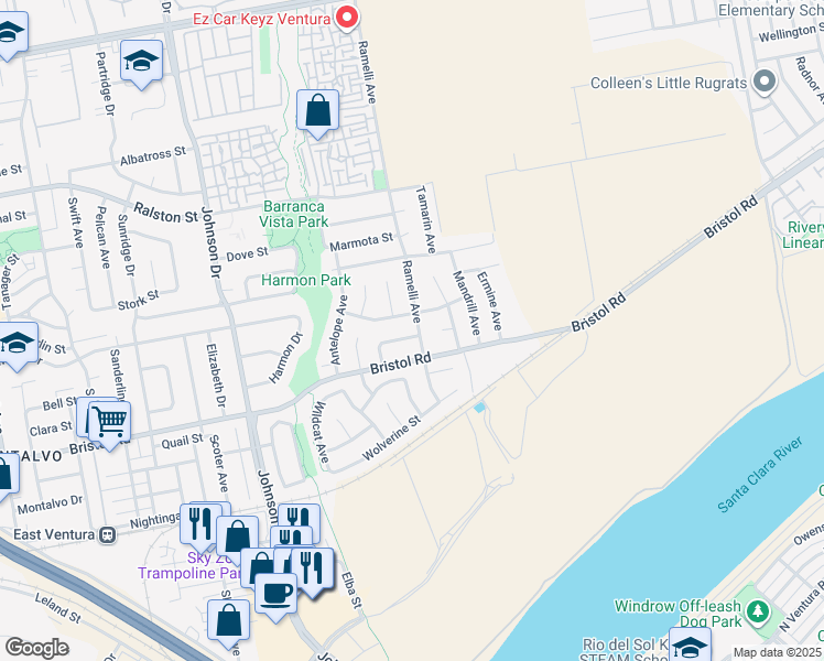 map of restaurants, bars, coffee shops, grocery stores, and more near 7293 Kodiak Street in Ventura