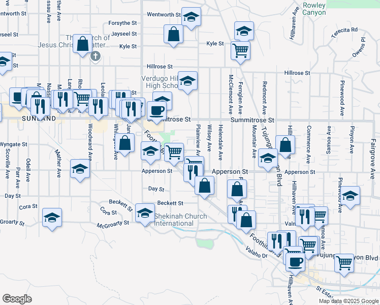 map of restaurants, bars, coffee shops, grocery stores, and more near 7616 Wyngate Street in Los Angeles
