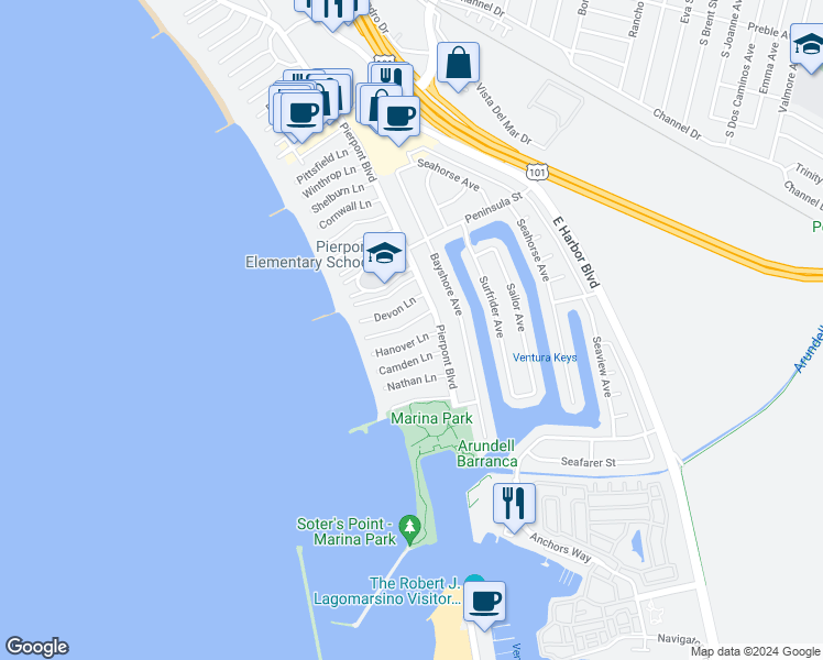 map of restaurants, bars, coffee shops, grocery stores, and more near 1274 Weymouth Lane in Ventura