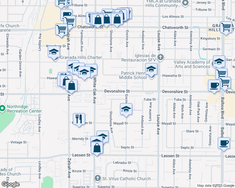 map of restaurants, bars, coffee shops, grocery stores, and more near 17530 Devonshire Street in Los Angeles