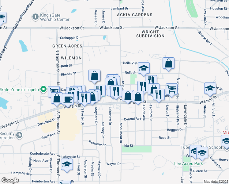 map of restaurants, bars, coffee shops, grocery stores, and more near 2230 Rabbit Drive in Tupelo