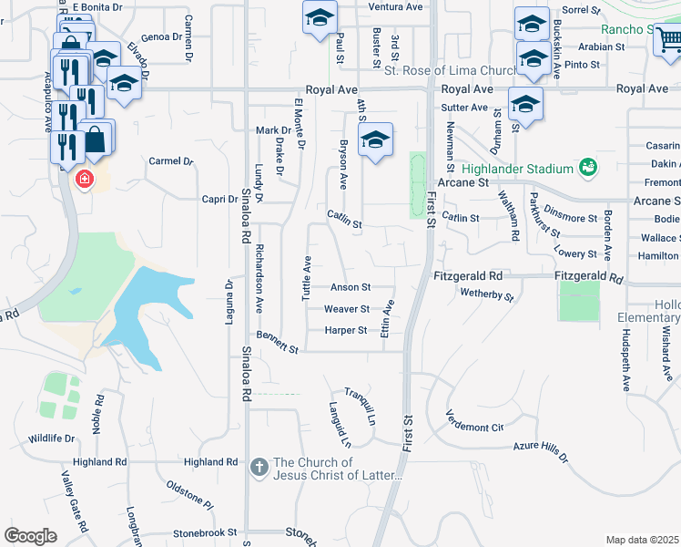 map of restaurants, bars, coffee shops, grocery stores, and more near 707 Anson Street in Simi Valley