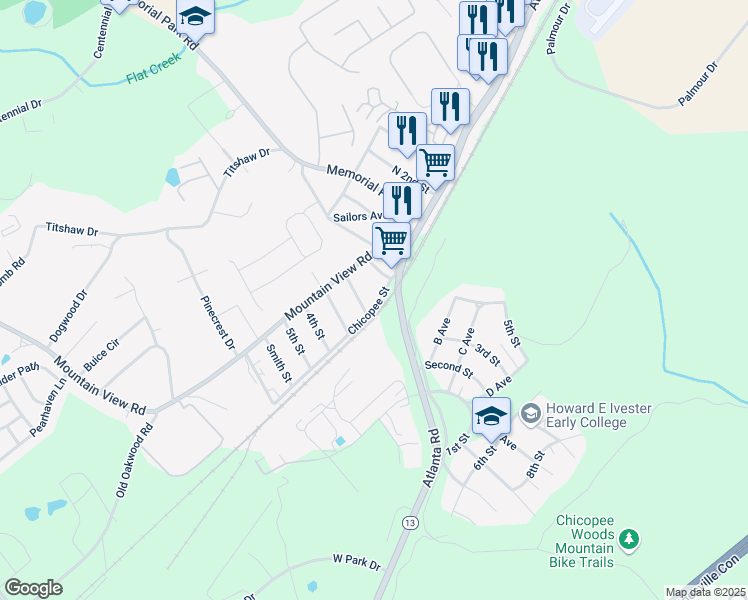 map of restaurants, bars, coffee shops, grocery stores, and more near 2130 Chicopee Street in Gainesville