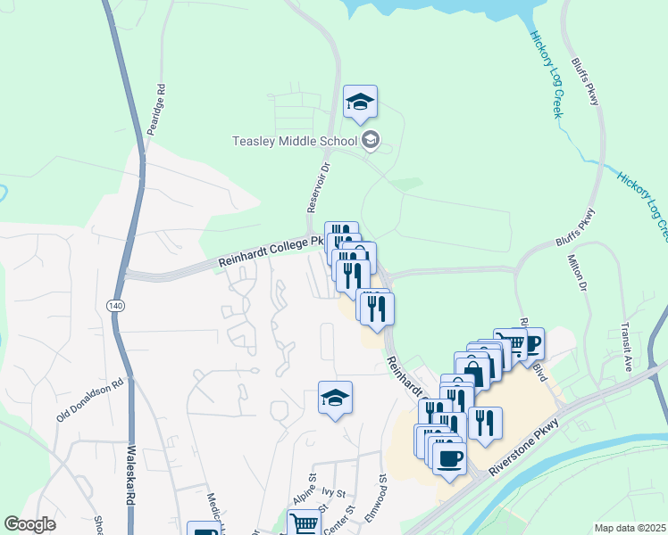 map of restaurants, bars, coffee shops, grocery stores, and more near 134 Riverstone Commons Circle in Canton