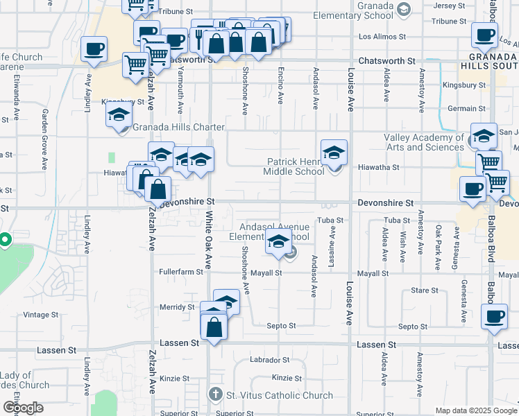 map of restaurants, bars, coffee shops, grocery stores, and more near 17530 Devonshire Street in Los Angeles