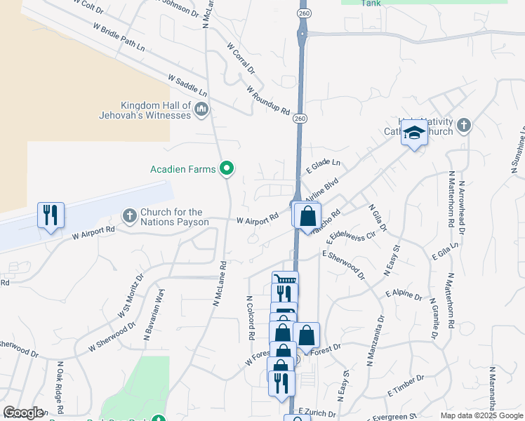 map of restaurants, bars, coffee shops, grocery stores, and more near 110 West Airport Road in Payson