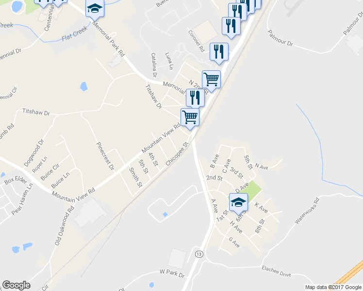 map of restaurants, bars, coffee shops, grocery stores, and more near 2130 Chicopee Street in Gainesville