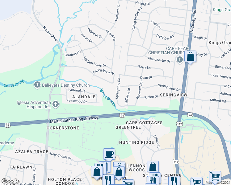 map of restaurants, bars, coffee shops, grocery stores, and more near 643 Springtime Road in Wilmington