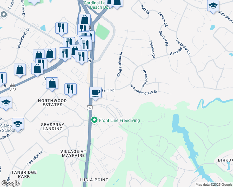 map of restaurants, bars, coffee shops, grocery stores, and more near 401 Spike Rush Court in Wilmington