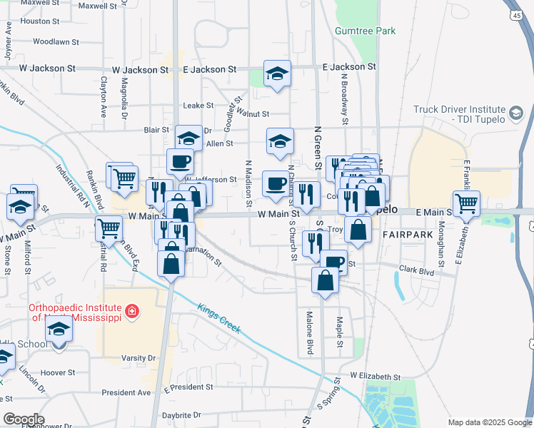 map of restaurants, bars, coffee shops, grocery stores, and more near 553 West Main Street in Tupelo