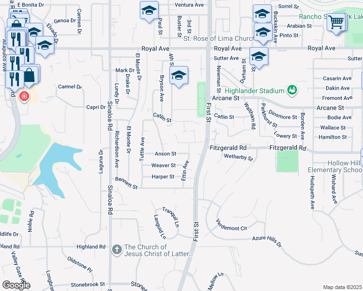 map of restaurants, bars, coffee shops, grocery stores, and more near 908 Hillview Circle in Simi Valley
