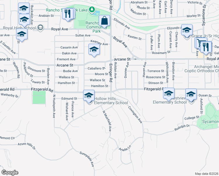 map of restaurants, bars, coffee shops, grocery stores, and more near 1917 Fitzgerald Road in Simi Valley