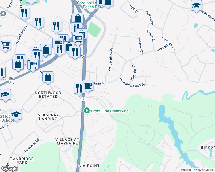 map of restaurants, bars, coffee shops, grocery stores, and more near 401 Spike Rush Court in Wilmington