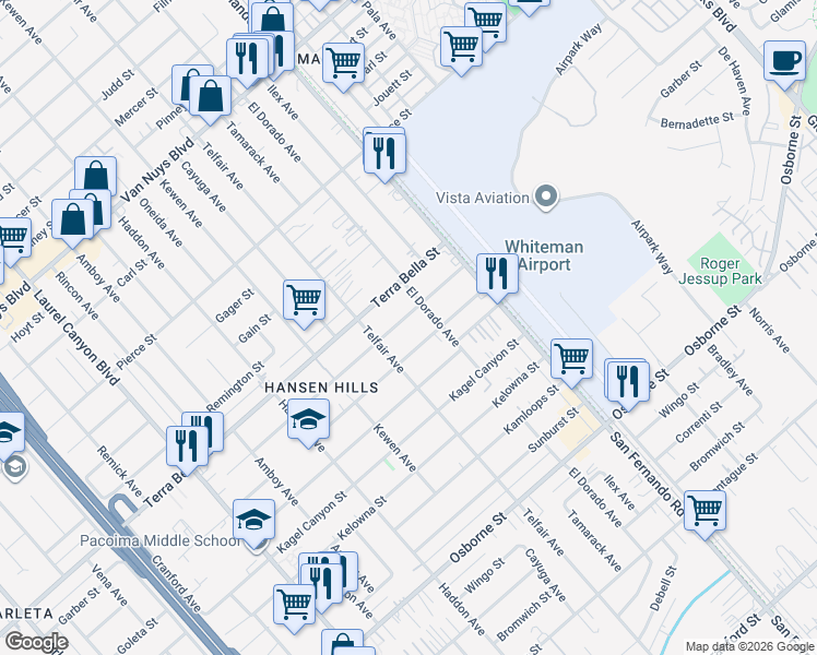 map of restaurants, bars, coffee shops, grocery stores, and more near 13066 Garber Street in Los Angeles