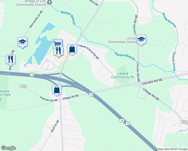 map of restaurants, bars, coffee shops, grocery stores, and more near 9150 John Carter Road Northeast in Leland