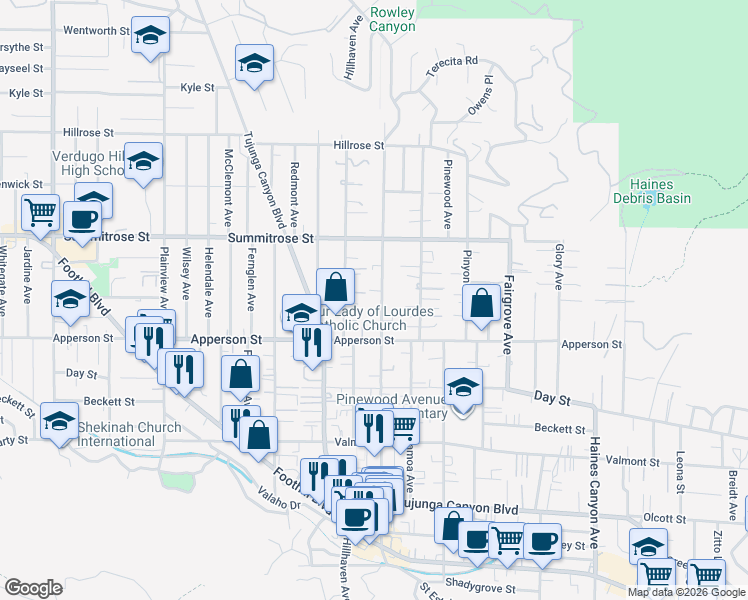 map of restaurants, bars, coffee shops, grocery stores, and more near 10357 Commerce Avenue in Los Angeles